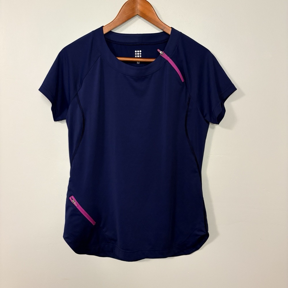 Title Nine Women Navy Short Sleeve Active Top Asymmetrical Zip Size M